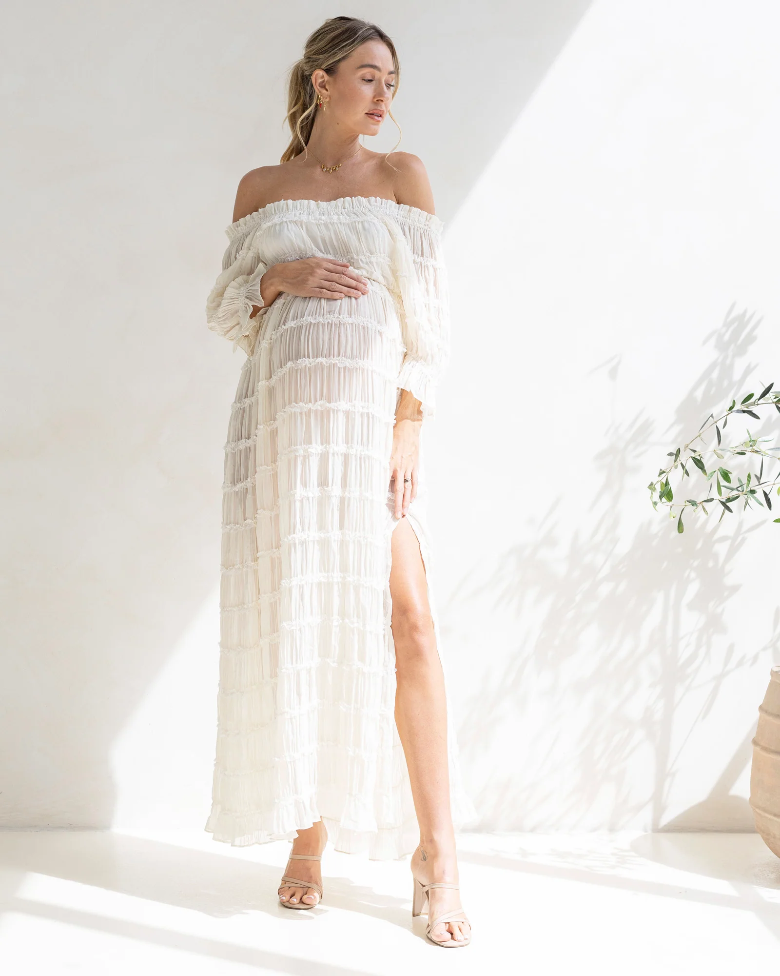 Angel Maternity Mariana Sheer Maternity Photoshoot Dress in White - Image 5